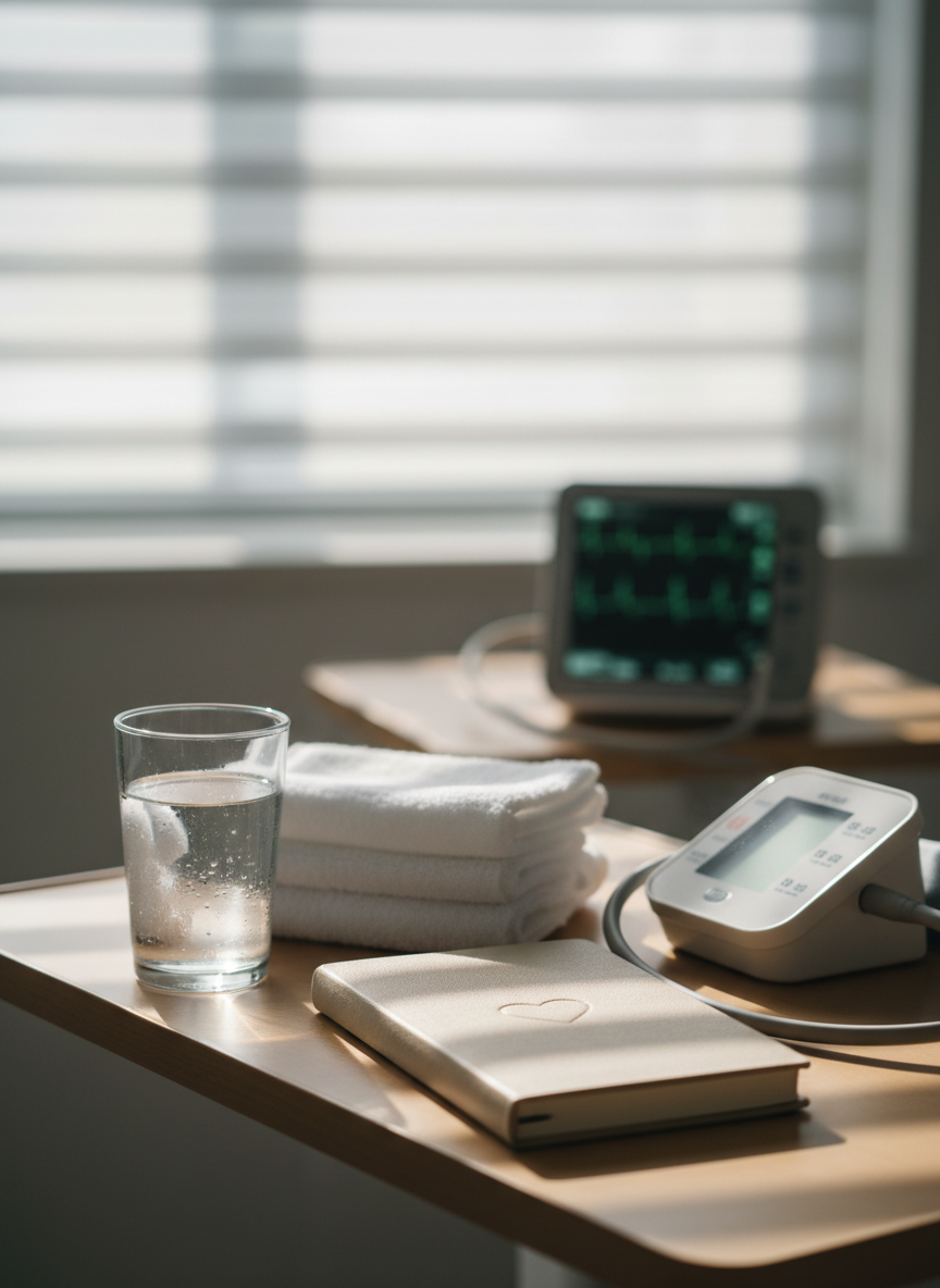 A hospital bedside table arranged for quiet recovery: a clear glass of water with condensation beads, a small stack of neatly folded white towels, a digital blood pressure monitor with its cuff coiled, and a slim, closed journal with a simple heart icon embossed on the cover. In the background, slightly out of focus, a cardiac monitor screen glows softly with stable green waveforms. The scene is lit by gentle, early-morning natural light filtering through partially drawn blinds, casting soft parallel shadows. Shot at eye level with a shallow depth of field, the composition uses the rule of thirds to draw the eye to the journal, creating a mood of resilience, healing, and introspective post-surgery life in a clean, photographic style.