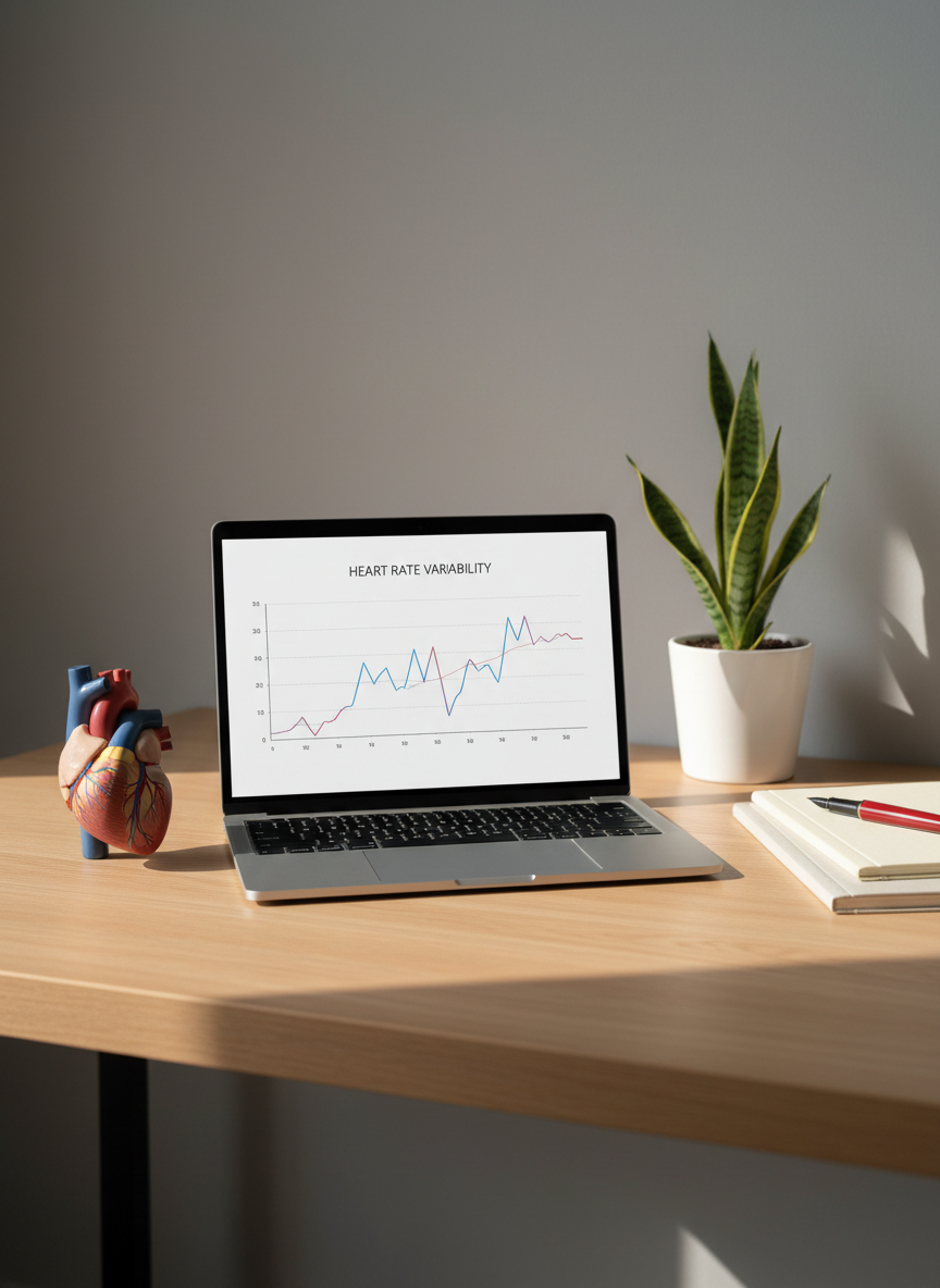 A minimalist workstation featuring a slim, silver laptop open to a clean line graph showing heart rate trends, beside a neatly stacked notebook and a red fountain pen. A small, realistic 3D heart model sits to one side, its arteries and veins clearly defined in muted blues and reds. The desk is a pale oak surface against a soft grey wall, with a single potted snake plant adding subtle greenery. Warm, indirect afternoon light filters from the left, creating delicate shadows and a calm, reflective atmosphere. Captured from a slightly elevated angle with balanced composition and sharp focus, in a photographic realism style that conveys thoughtful, professional reflection on cardiovascular health.
