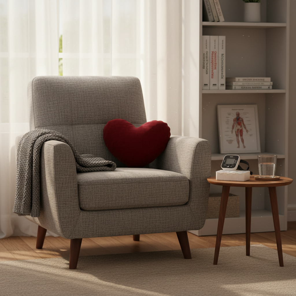 A quiet home recovery corner featuring a neatly made armchair with a soft, charcoal-grey throw blanket folded over the arm and a plush, deep-red heart-shaped cushion resting in the seat. Beside it, a small round side table holds a pill organizer, a digital heart rate monitor, and a glass of clear water on a cork coaster. In the background, a tall bookshelf displays a few medical reference books and a small framed diagram of the cardiovascular system. Warm late-afternoon sunlight streams through sheer curtains, creating a cozy glow and gentle shadows. Captured from a slightly low angle with a moderate depth of field, the photographic composition feels calm, safe, and supportive of post-surgery reflection at home.
