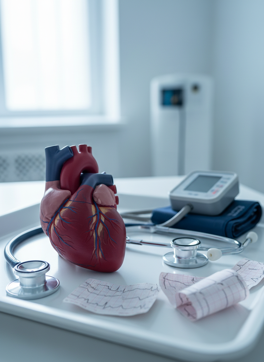 A detailed close-up of a deep red anatomical heart model made from smooth, slightly glossy silicone, resting on a clean white medical tray. Around it lie neatly arranged stethoscopes, blood pressure cuffs, and ECG printouts with crisp black waveforms. Soft, diffused daylight from a nearby window illuminates the scene, creating gentle reflections on metal surfaces and subtle shadows beneath the instruments. Shot at eye level with a shallow depth of field so the heart model is in razor-sharp focus while the background fades into a soft blur. The mood is professional, calm, and informative, with a photographic realism style that feels like a modern cardiology clinic workspace.