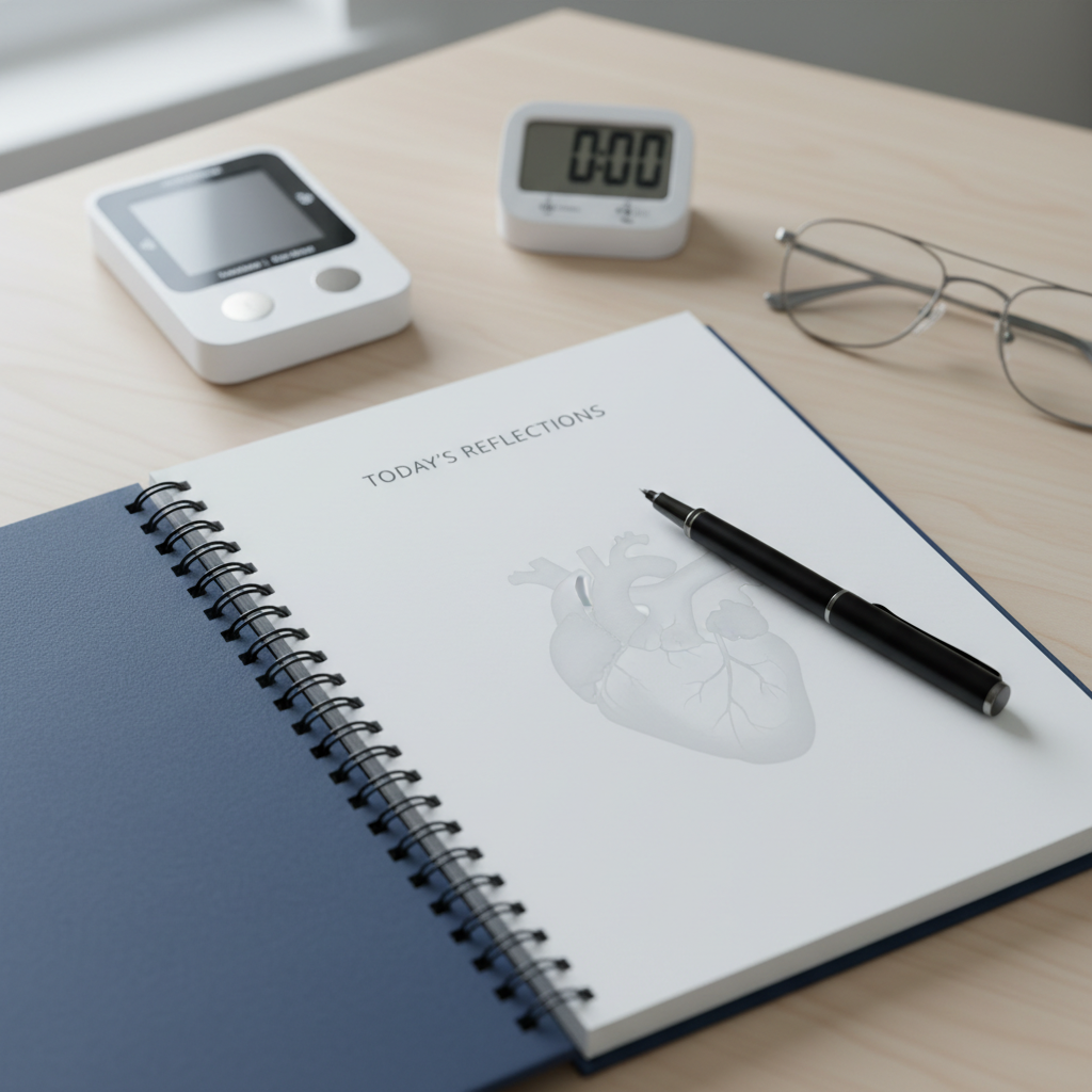 A detailed close-up of a spiral-bound recovery journal open to a blank page headed “Today’s Reflections,” with a subtle watermark of an anatomical heart in soft grey. A fine-tip black pen rests diagonally across the page. Around the journal are neatly arranged items: a compact home ECG device, a pair of reading glasses folded carefully, and a small digital timer. The surface is a light birch desk with a faint wood grain. Cool, diffused morning light from a nearby window softly illuminates the scene, highlighting the crisp edges of the paper. Shot from a slightly elevated angle with shallow depth of field, the photographic style emphasizes clarity, order, and a contemplative, professional approach to living with cardiovascular disease.