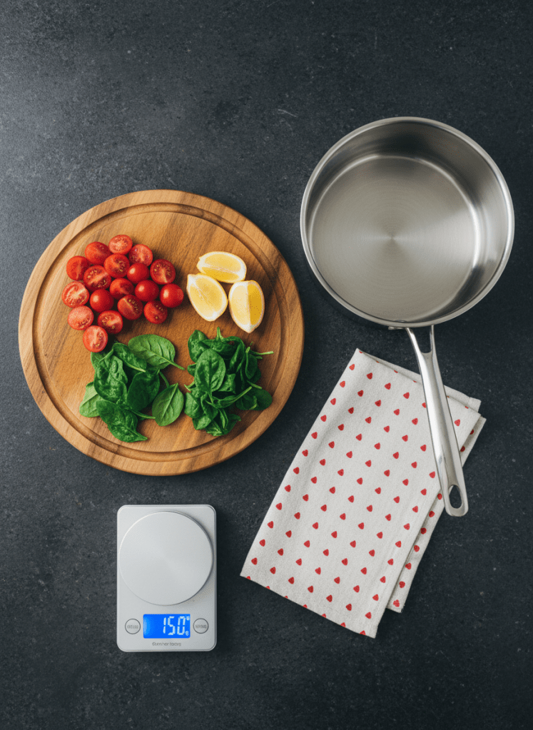 An overhead view of a kitchen counter prepared for heart-healthy cooking: a wooden cutting board with neatly sliced cherry tomatoes, vibrant green spinach, and thin lemon wedges arranged in small groups. A stainless-steel saucepan sits nearby on a smooth, dark countertop, its surface reflecting subtle highlights. A folded, off-white kitchen towel with a red heart pattern rests beside a digital kitchen scale showing precise measurements. Soft, overcast window light from above creates gentle, even illumination with minimal shadows. The composition is tidy and organized, suggesting intentional lifestyle choices for cardiovascular health. Photographic realism, with crisp details and natural colors, conveys a professional yet encouraging atmosphere focused on everyday heart care.
