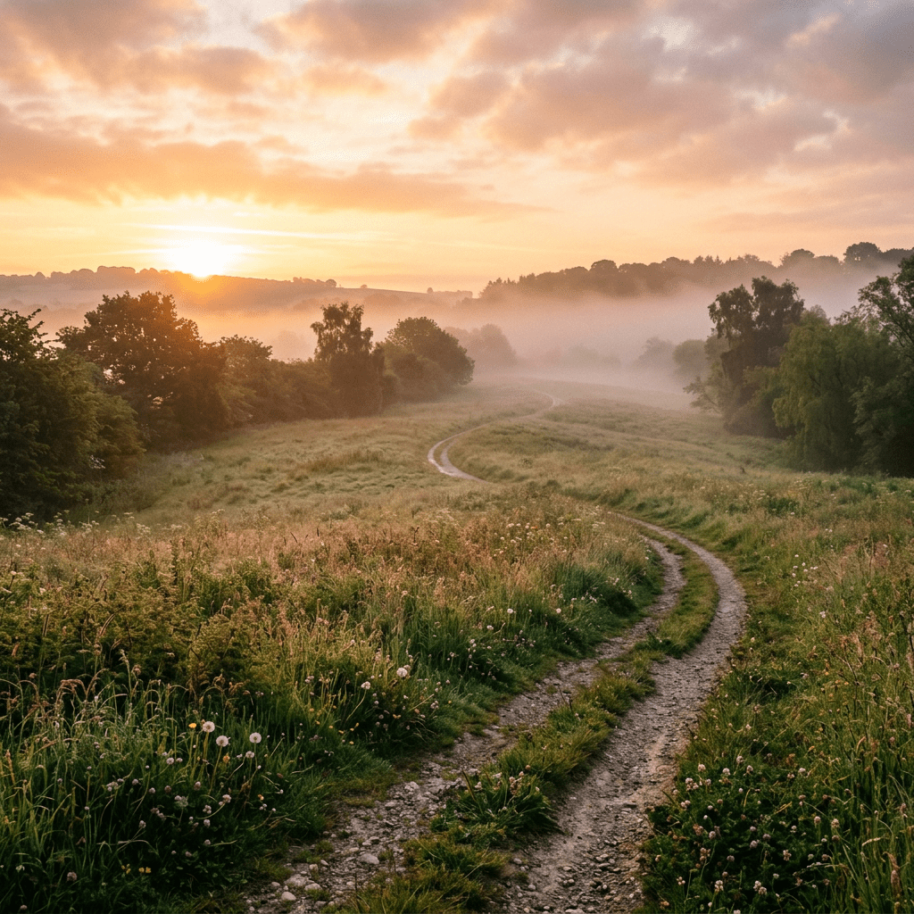 Curving dirt path through grassy fields with mist and sunrise in background